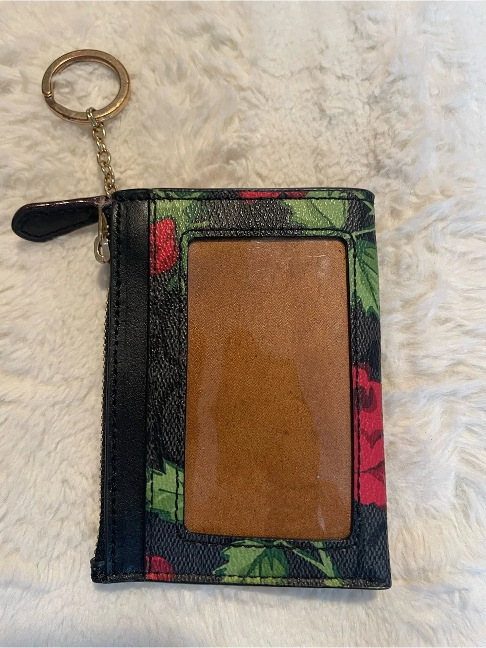 Coach Fairytale Black Floral Card Case with Gold Keyring